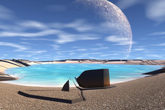 3d 渲染的幻想外星人的星球。岩石和月亮 