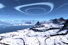 3d 渲染的幻想外星人的星球。岩石和湖 