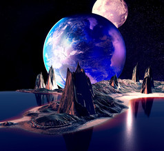外星人的星球与地球月亮和山脉。3d 渲染的计算机艺术品。这幅图像由美国国家航空航天局提供的元素