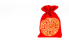 Red fabric bag or ang pow with Chinese style pattern on white ba