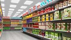 超市货架上摆满各种产品与内政.