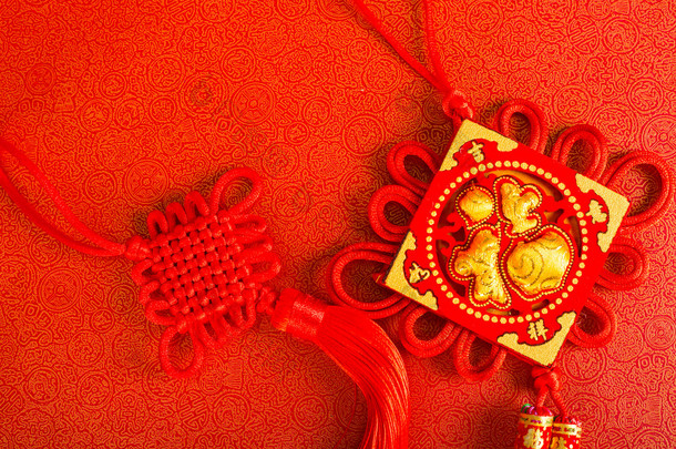 中国农历新年装饰与福字意味着好运、 财富和祝福.