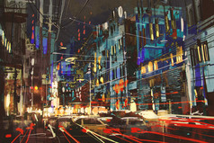 数字绘画的城市街道在晚上与五颜六色的灯光.