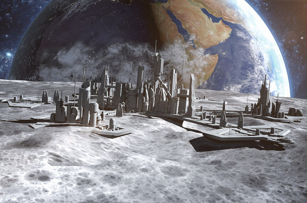 未来的<strong>城市</strong>，在月球上的小镇。行星<strong>地球</strong>空间视图。3d 渲染