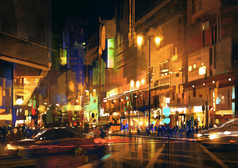 城市的街道在晚上与五颜六色的彩灯，绘画