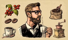 捧一杯热咖啡袋咖啡豆瓢和豆、 杯、 分支与叶和浆果的时髦咖啡师.
