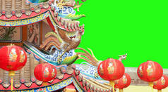 中国凤凰寺屋顶，绿色屏幕背景.