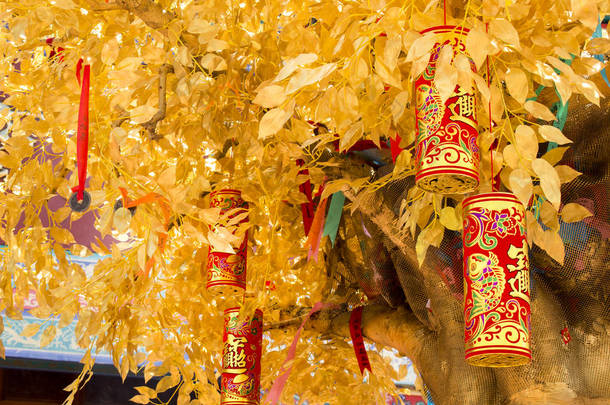 背景中国许愿树与传统的金色鞭炮带给你好运和幸福。中国新的一年. 