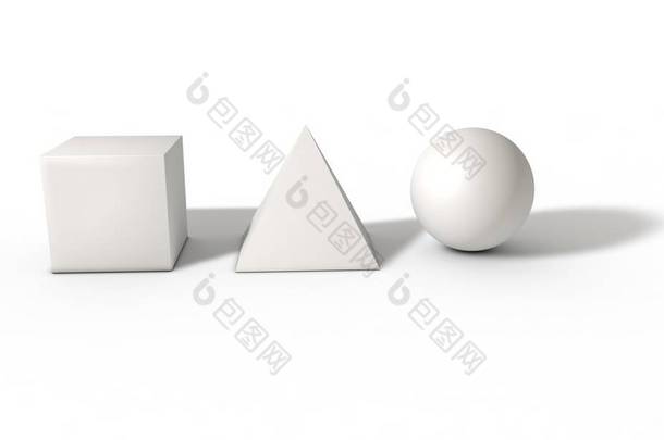 多维数据集、 球体和<strong>持久</strong>的白色，金字塔 3d 渲染