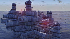 3d 渲染。未来的城市和宇宙飞船
