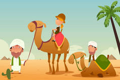 女游客骑着骆驼在沙漠中