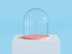 与柔和粉色托盘与柔和的蓝色背景白色台上空玻璃穹顶。孩子的主题。3d 渲染.