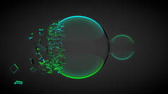两个球，其中破碎，碎片之一。用蓝色和绿色的光。3d 渲染
