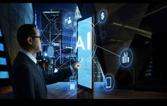 商人触摸 Ai 字在屏幕上的数字展台与 fintech 信息。高科技经营理念 .