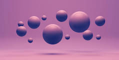 塑料的紫球飞上紫色背景，3d 图
