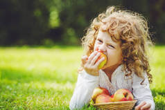 小女孩在夏日公园里吃苹果.