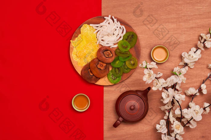 概念平放中国新年食品和饮料静物图片-包图网企业站