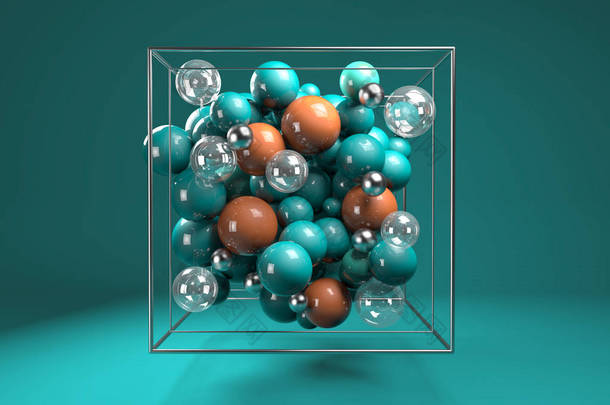3d. 在铬丝立方体上的彩色光泽球体组。明亮的绿松石和橙色塑料球与透明的气泡和金属球。绿松石背景的中心构图. 