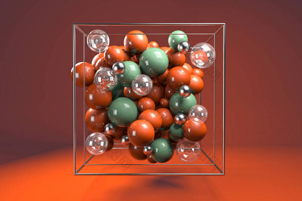 3d. 在铬丝立方体上的彩色光泽<strong>球</strong>体组。明亮的橙色和绿色塑料<strong>球</strong>与透明的<strong>气泡</strong>和金属<strong>球</strong>。橙色背景下的居中组合. 