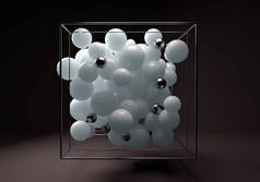 3d. 铬丝立方体中的单色光泽球体组。带有透明气泡和金属球体的白色塑料球。黑暗布朗背景下的中心构图.