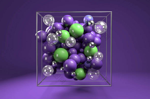 3d. 在铬丝立方体上的彩色光泽球体组。明亮的紫色和绿色塑料球与透明的气泡和金属球。紫色背景下的居中组合.