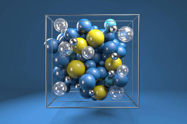 3d. 在铬丝立方体上的彩色光泽<strong>球</strong>体组。明亮的蓝色和黄色的塑料<strong>球</strong>, 透明的<strong>气泡</strong>和金属<strong>球</strong>。蓝色背景上的居中组合. 