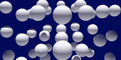 3d 插图的许多, 白色的球体与深蓝色背景