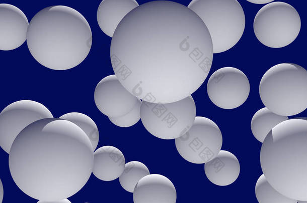 3d 插图的许多, 白色的球体与深蓝色背景