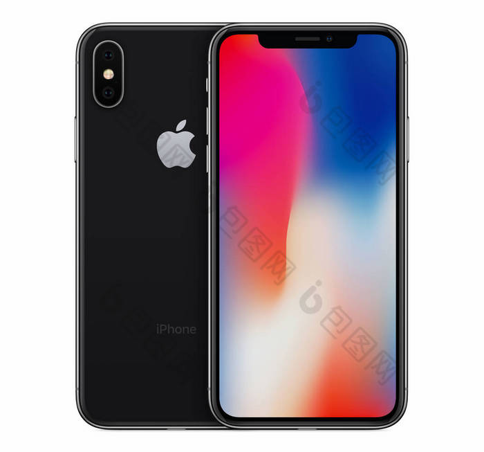 空间灰色苹果 iphone X 样机前视图与壁纸屏幕和 iphone 10 背面后面的边