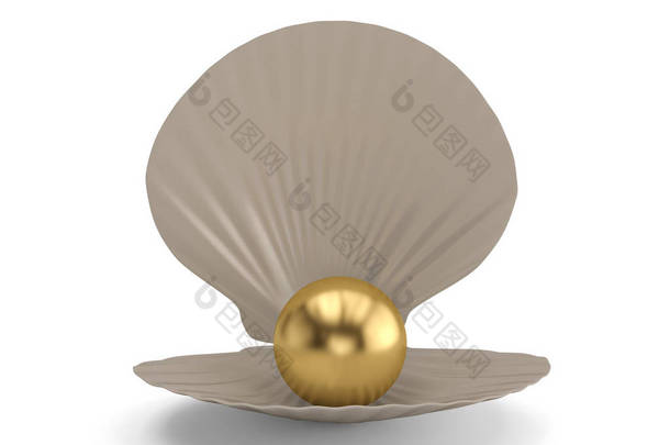 白色的贝壳, <strong>金色</strong>的<strong>珍珠</strong> isolatedon 白色的背景。3d 