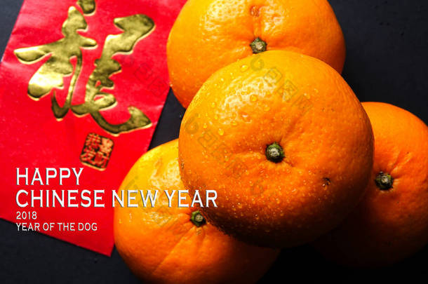 快乐的中国年概念。2018年的狗. 红包和橘子。外国 (中国) 字符意味运气.