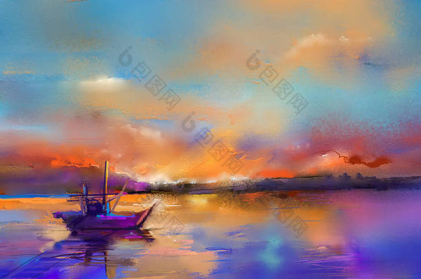 油画纹理上的彩色油画。阳光背景下海景画的印象派形象