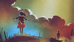 夜场面男孩在小船看巫婆反对多彩的天空, 数字式艺术样式, 例证绘画
