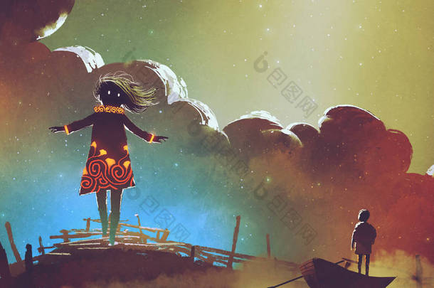 夜场面男孩在小船看巫婆反对多彩的天空, 数字式艺术样式, 例证绘画