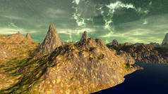 外星人星球山和水。3d 渲染