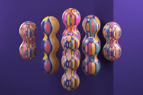 3d 渲染多彩多姿的装饰球。许多具有<strong>几何</strong>图案的球形形状。纹理生动的对象。抽象<strong>构成</strong>. 