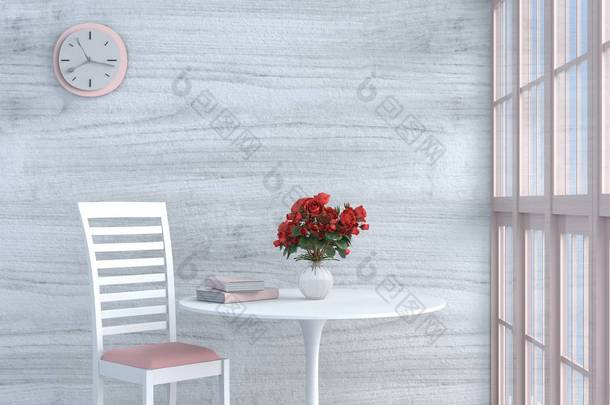 灰色白色客厅装饰用粉红色白色椅子, 墙壁时钟, 白色木墙壁, 窗口, 桌, 灰色白色水泥地板, 红色玫瑰色, 花瓶。太阳透过窗户照射到阴影里。3d 渲染.