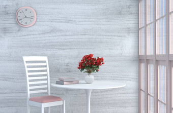 灰色白色客厅装饰用粉红色白色椅子, 墙壁时钟, 白色木墙壁, 窗口, 桌, 灰色白色水泥地板, 红色玫瑰色, 花瓶。太阳透过窗户照射到阴影里。3d 渲染.图片