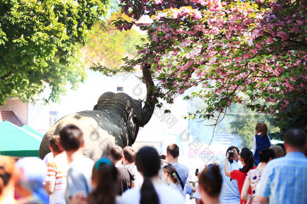 夏天, 一只大象被一只喙碰在公园里被人围着的树枝上。