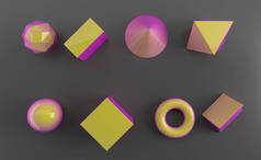 一套3d 渲染现实的原语在白色背景。球, 圆环, 管子, 锥体和其他几何形状在金子, 全息玻璃颜色为时髦设计.