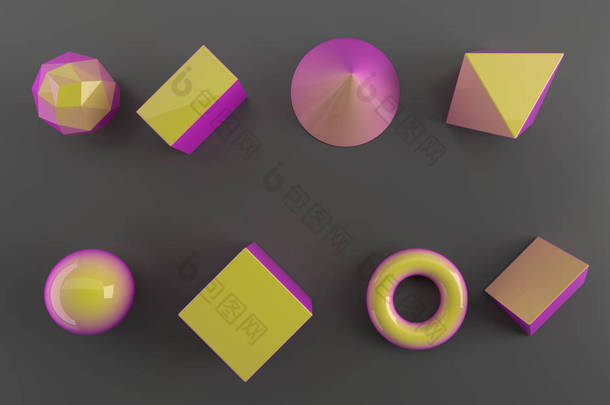 一套3d 渲染现实的原语在白色背景。球, 圆环, 管子, 锥体和其他几何形状在金子, 全息玻璃颜色为时髦设计.