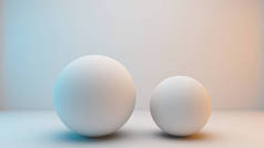 白色背景的乳白色球体, 略带蓝色和橙色照明。3d 渲染