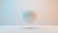 乳白色的球体漂浮在白色背景上, 略带蓝色和橙色的灯光。3d 渲染