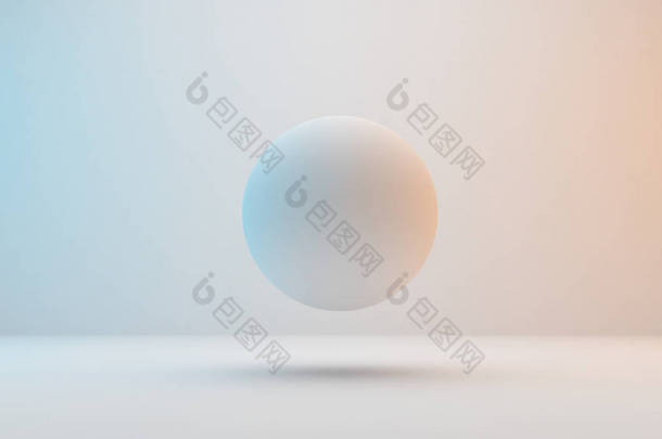 乳白色的球体<strong>漂浮</strong>在白色背景上, 略带蓝色和<strong>橙色</strong>的灯光。3d 渲染