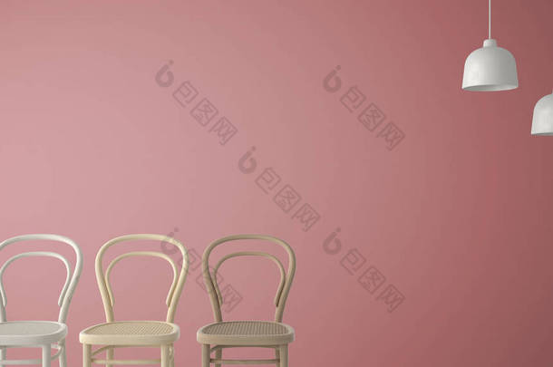 <strong>简约</strong>建筑师设计理念与三经典木椅和吊灯在粉红色背景, 客厅<strong>室内</strong>设计与复制空间