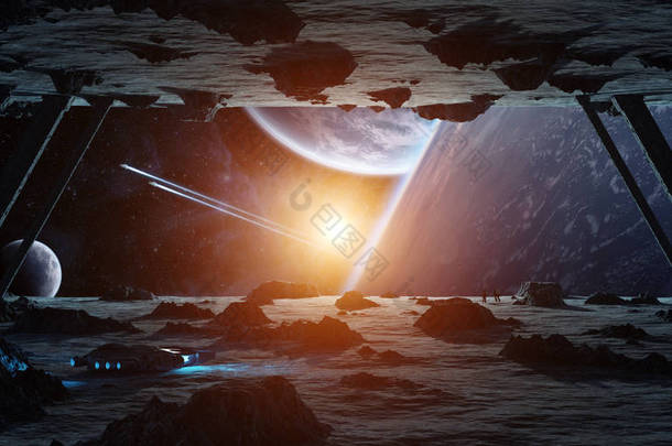 宇航员<strong>探索</strong>一个巨大的小行星外星人<strong>太空</strong>飞船在空间3d 渲染元素的这个图像由 Nasa 提供