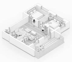 在白色背景下绘制平面图, 对家具住宅进行模拟