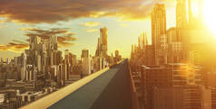 公路立交桥与未来的科幻城市和商业办公楼。3d 插图渲染 .