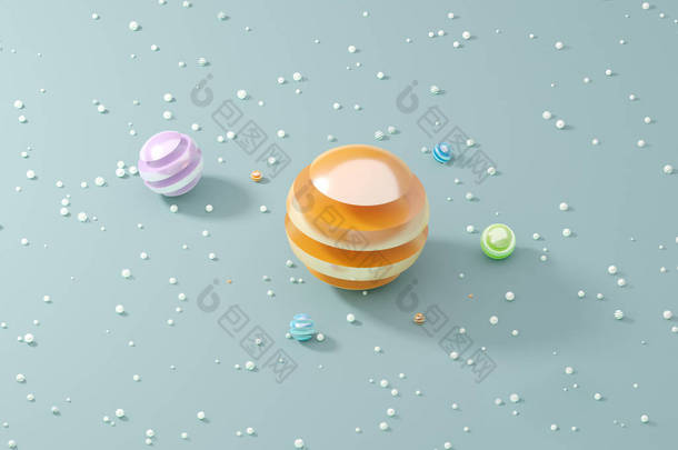 甜糖果行星糖果与面包屑为着陆, 盖子, 横幅和品牌设计在灰色背景。抽象3d 渲染插图.