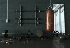 健身室用不同举重设备哑铃、杠铃、壶